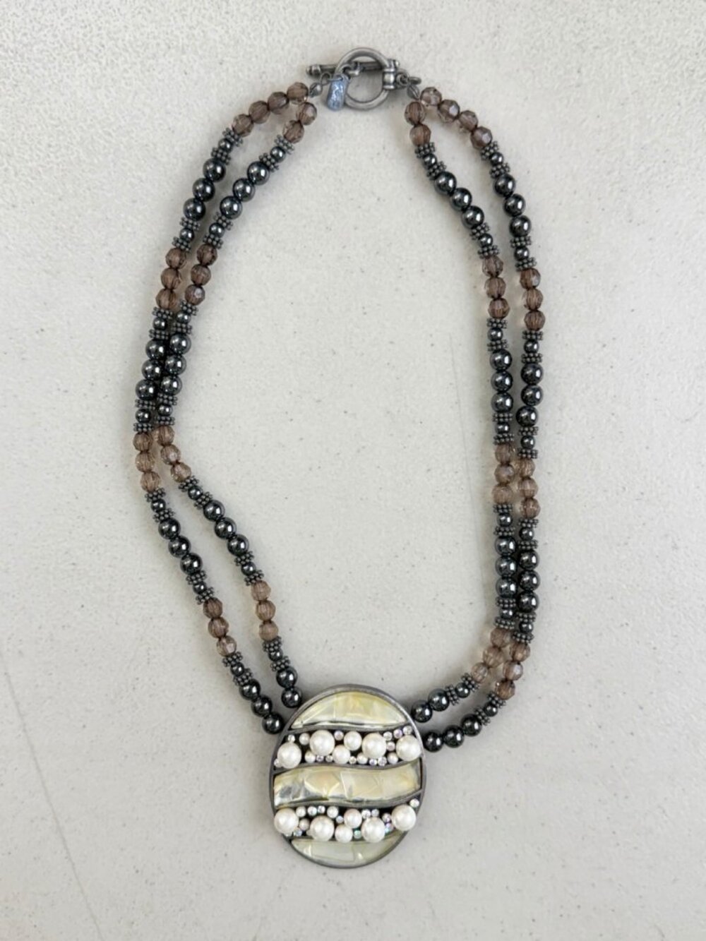 Chunky Pendant Necklace Mother of Pearl Crystal Rhinestones Smoky Beads Hematite